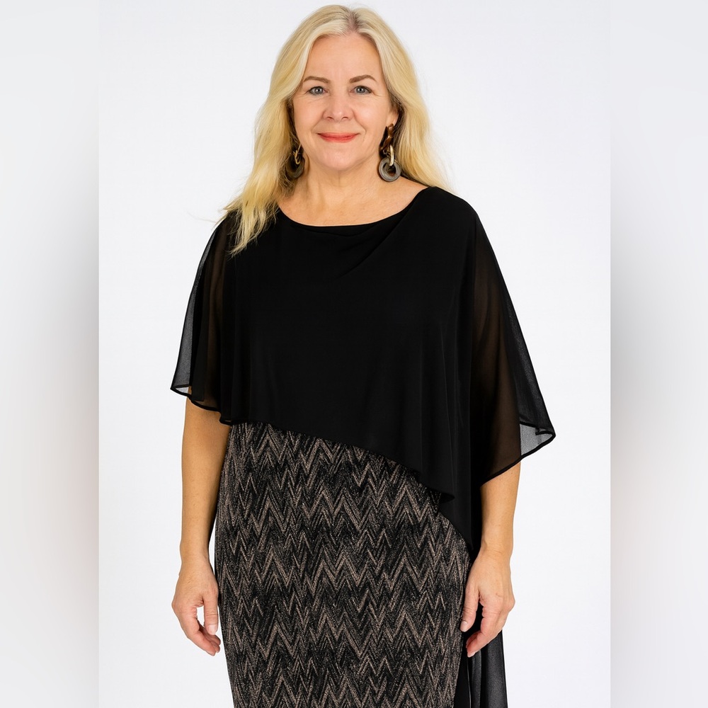 Connected apparel cocktail dress with sheer overlay, asymmetrical. Size 22 Y